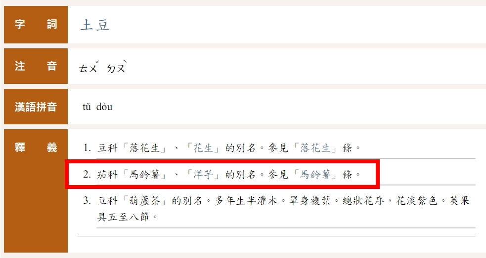 教育部辭典中,「土豆」確實是馬鈴薯的別名。(圖/翻攝自教育部重編國語辭典修訂本)