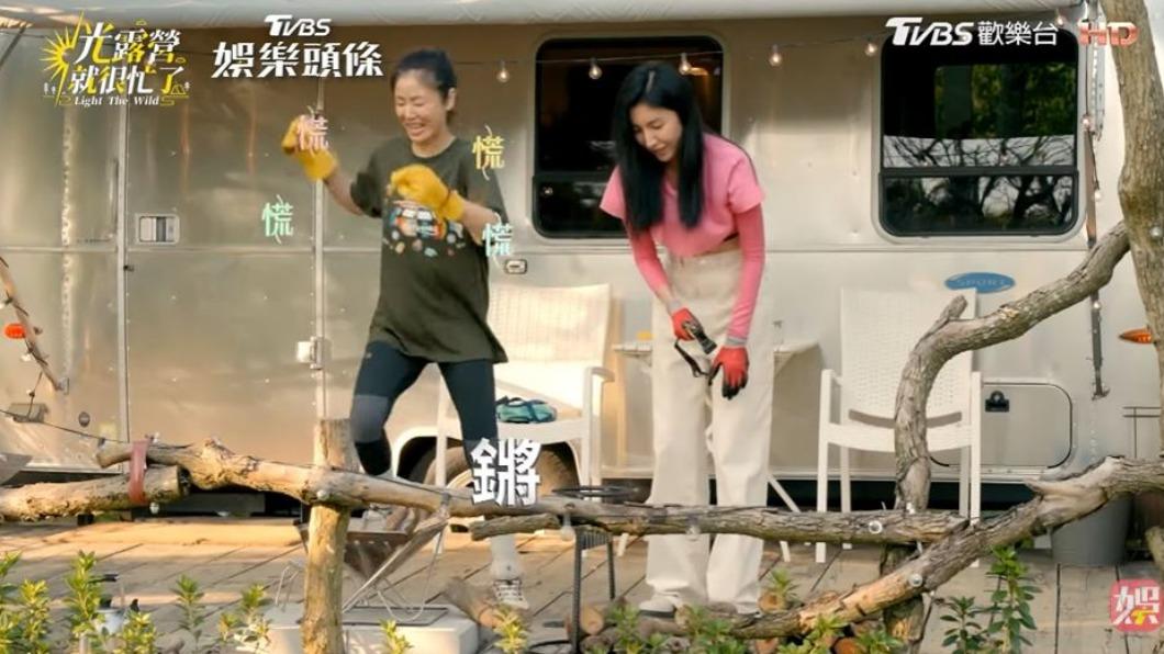 林心如(左)被嚇到尖叫跳開。(圖/翻攝自《光露營就很忙了》)
