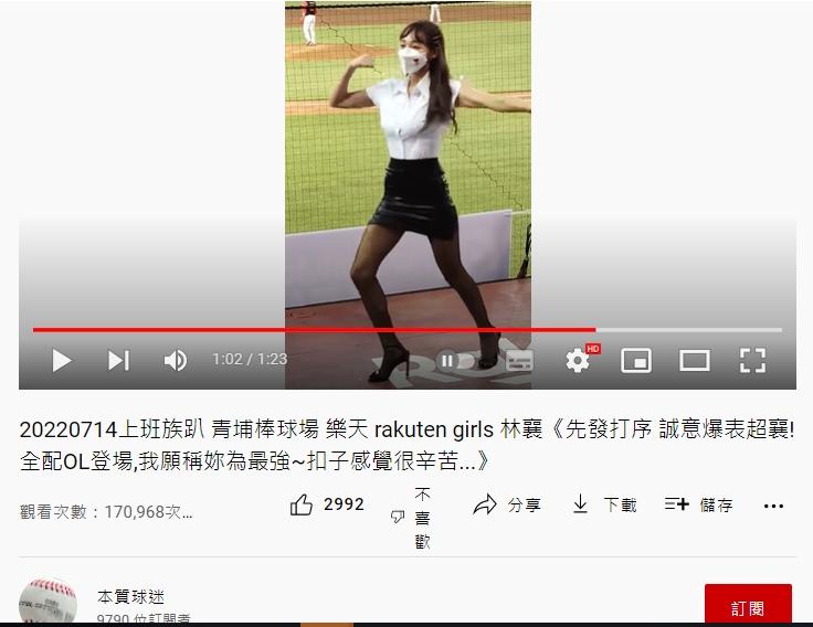 林襄去年上班族趴應援時,扣子意外爆開。(圖/翻攝自本質球迷YouTube)
