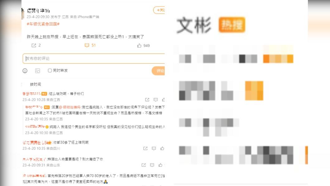 文彬逝世消息登微博熱搜,掀兩派中國大陸網友論戰。(圖/翻攝自微博)