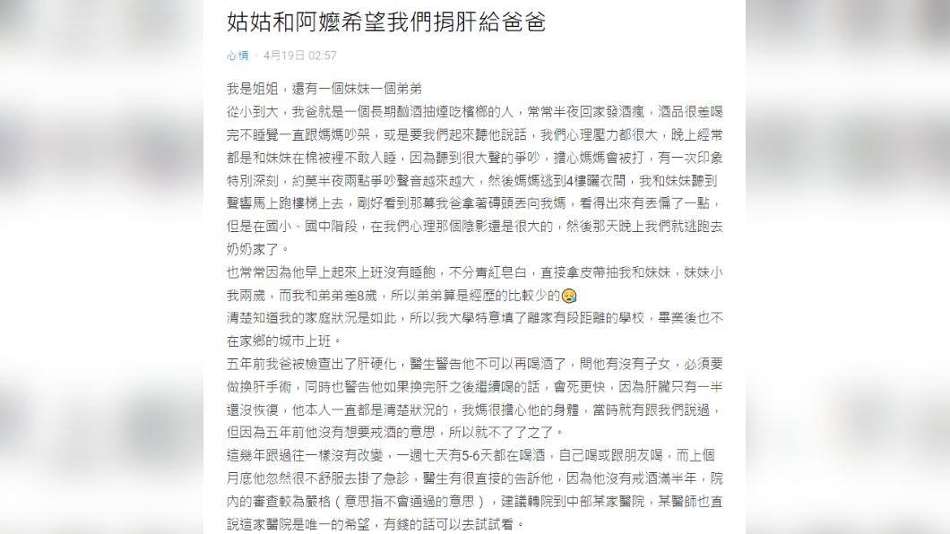原PO父親長期酗酒導致肝硬化,阿嬤、姑姑要她捐肝救父。(圖/翻攝自Dcard)