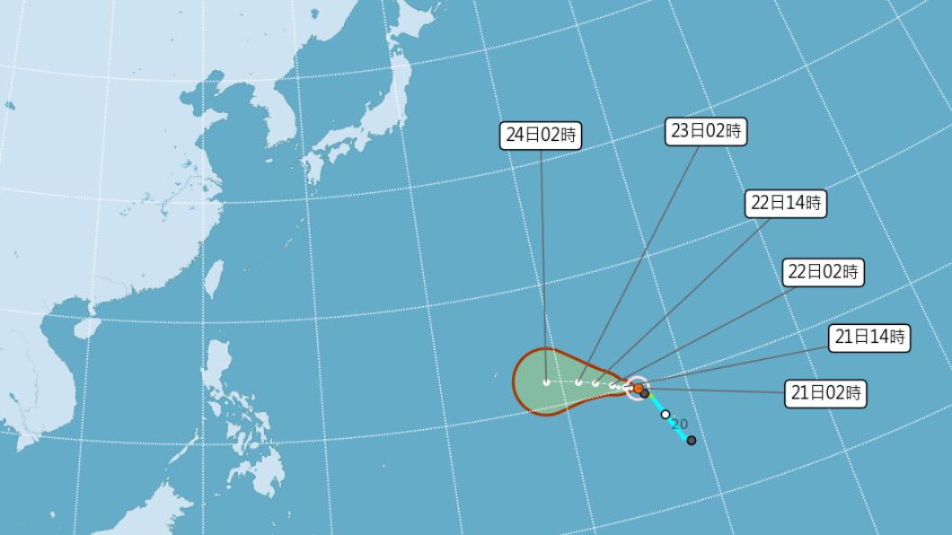輕颱「珊瑚」目前位置在鵝鑾鼻東南東方4000公里海面上。(圖/中央氣象局)