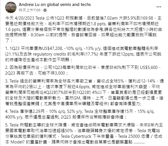 陸行之分析,特斯拉殺價保至佔,將造成全球大降價,肯定造成明年電動車需求爆發。(圖/翻攝自陸行之臉書)