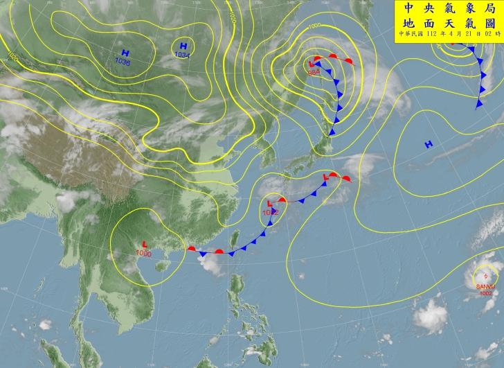 今天鋒面移動到台灣南方。（圖／氣象局）
