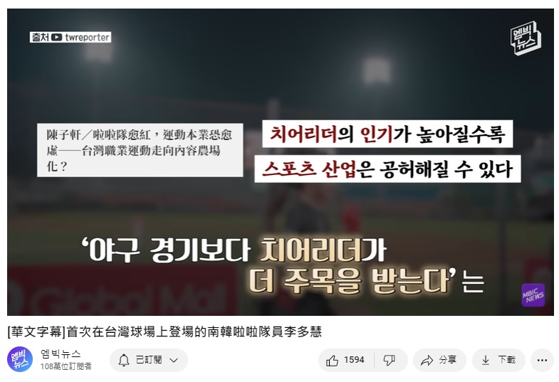 報導點出台灣「啦啦隊員比棒球比賽還受到注目」。（圖／翻攝自엠빅뉴스Youtube）
