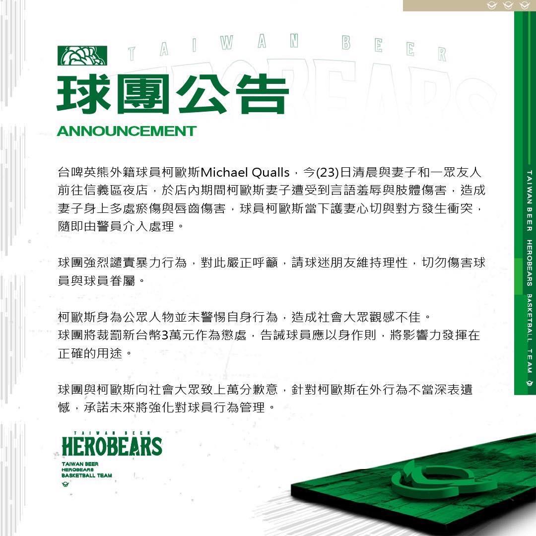 台啤英熊開罰柯歐斯3萬。（圖／球團提供）