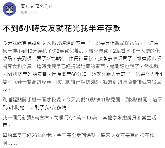 原PO哀號「交女友真的很花錢」。(圖/翻攝自匿名公社)