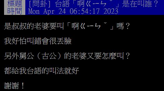 原PO發文詢問,該如何用台語稱呼嬸嬸、妗婆。(圖/翻攝自PTT)