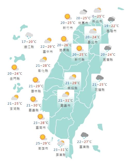 入夜後東北季風增強,北部及東北部天氣將轉涼。(圖/中央氣象局)