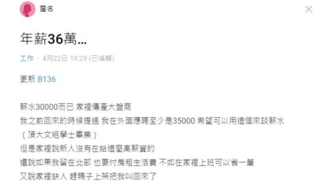 網友畢業後被叫回家上班。（圖／翻攝自Dcard）
