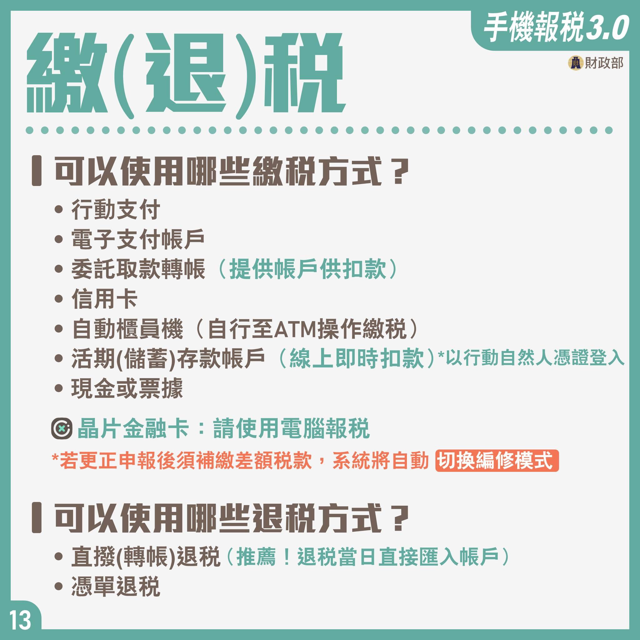 手機報稅常見問題解答-繳(退)稅。(圖/財政部)