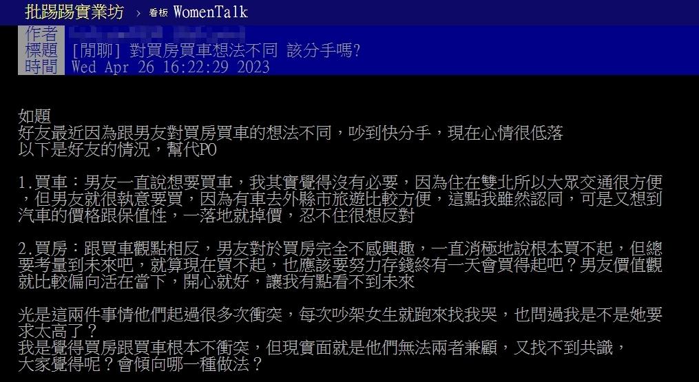 原PO認為買房跟買車根本不衝突，但現實就是小倆口無法兩者兼顧，又找不到共識。（圖／翻攝自PTT）
