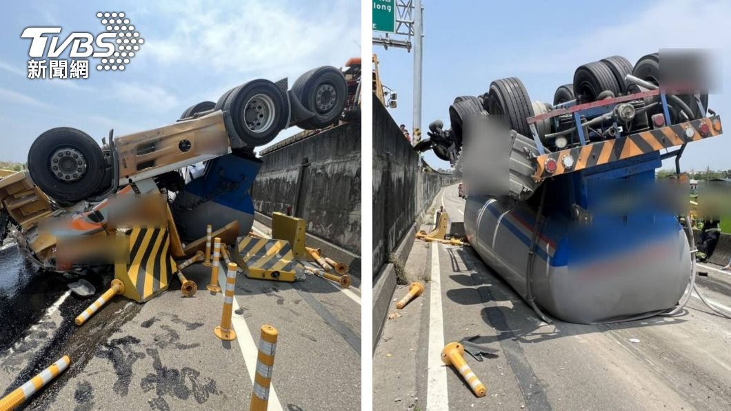 悚!槽車倒栽蔥墜落慢車道 駕駛受困「頭破血流」被拉出