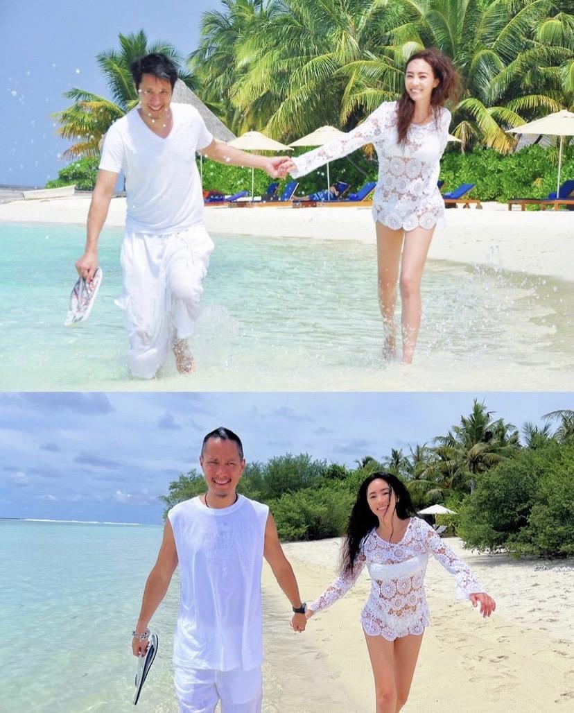 ,關穎換上與10年前同一件透膚罩衫,與老公拍下同樣的海天一色照片。(圖/翻攝自關穎Instagram)
