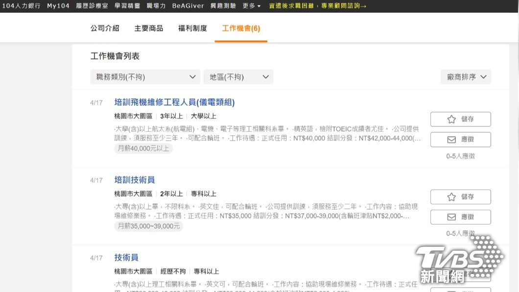網友發文附上的長榮航太徵才廣告,跟目前人力銀行徵才資訊上的薪水區間一致。(圖/104人力銀行)