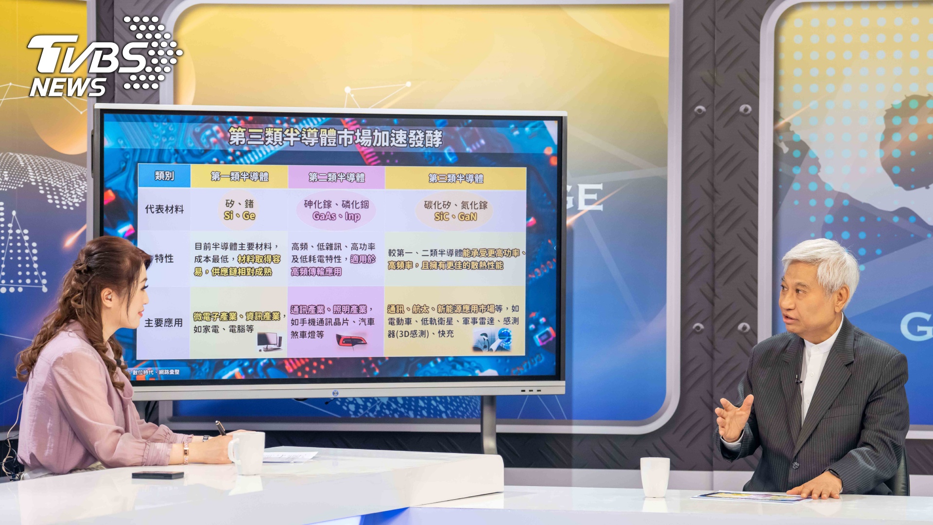 陳進財表示,化合物半導體「就像是神經細胞,用於傳遞功能,而矽半導體則像是負責邏輯運算的大腦,而兩者必須結合運用。」(圖/TVBS提供)