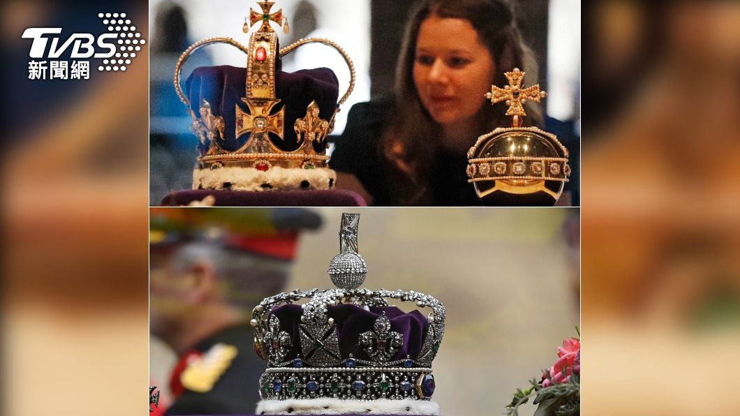 查爾斯將分別戴上聖愛德華王冠(St Edward's Crown)、「帝國王冠」(the Imperial State Crown)。(圖/達志影像美聯社)