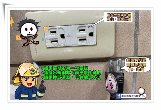 台中市消防局提醒民眾檢查家中插座。(圖/翻攝自台中市政府消防局臉書)
