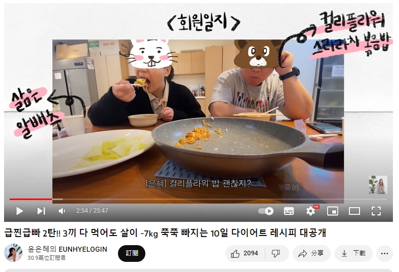 尹恩惠找來1男1女挑戰自己量身訂做的食譜。（圖／翻攝尹恩惠Youtube）