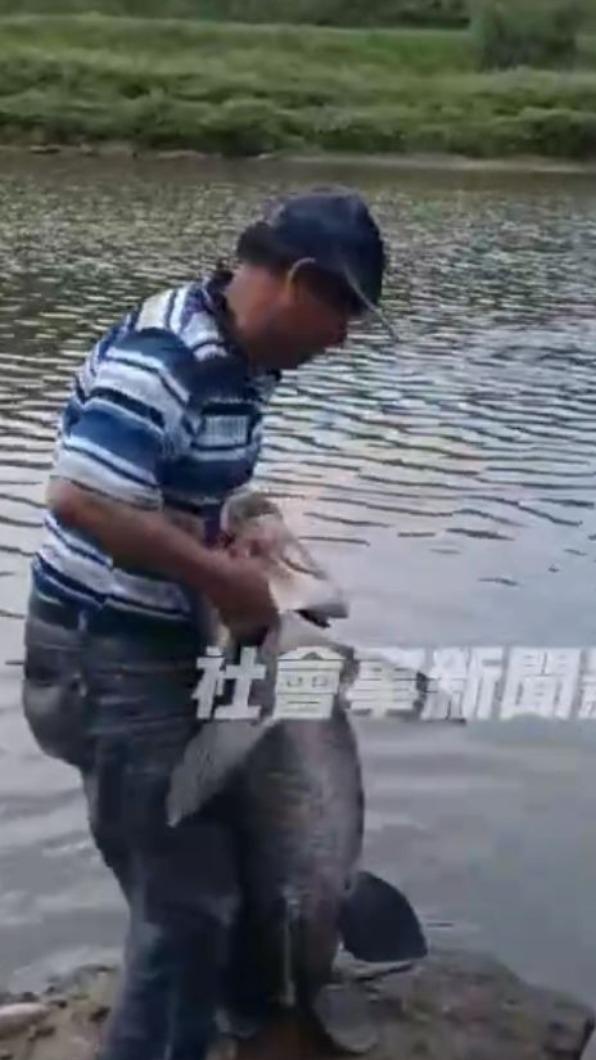 由朋友幫忙拿釣竿,男子才能將烏鰡拉上岸。(圖/翻攝自社會事新聞影音)