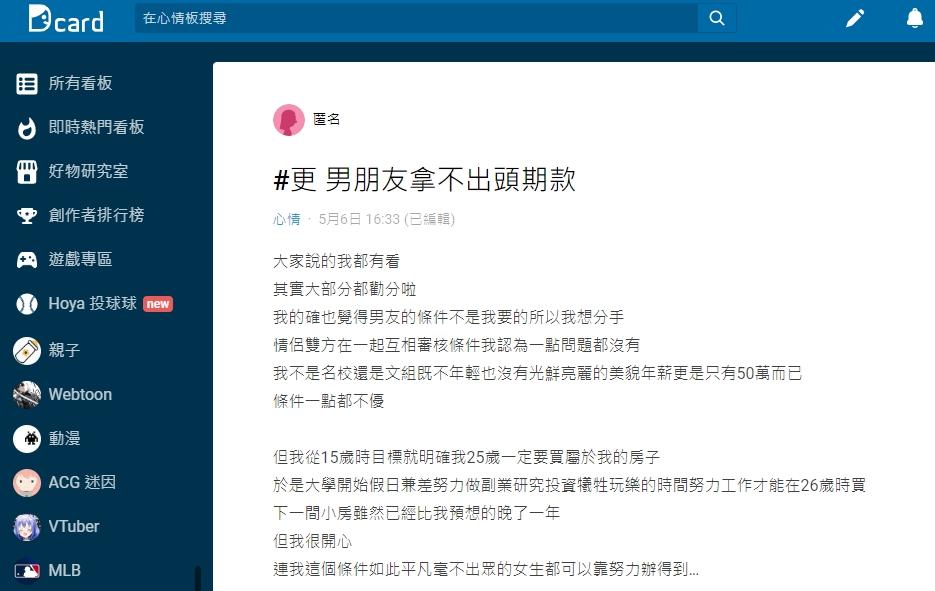 原PO交往前就表明想買房,且雙方各負擔一半,男友也答應兩人才交往。(圖/翻攝自Dcard)