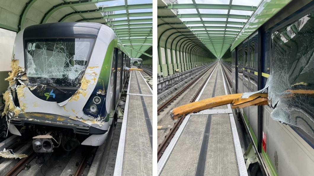 捷運車廂遭吊臂貫穿。(圖/翻攝自記者爆料網)