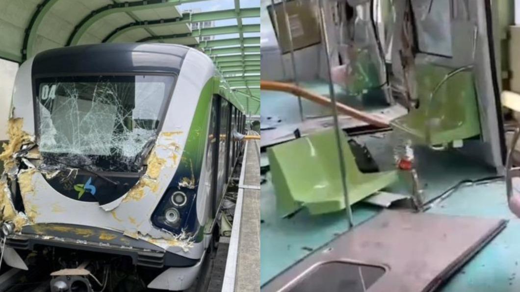 中捷車廂遭吊臂貫穿，地上一片狼藉。（圖／翻攝自記者爆料網）