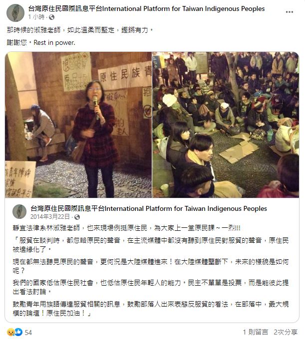 林淑雅現身陳抗現場,主張「「鼓勵青年用族語傳達服貿相關的訊息,鼓勵部落人出來表態反服貿的看法。」(圖/翻攝自台灣原住民國際訊息平台臉書)