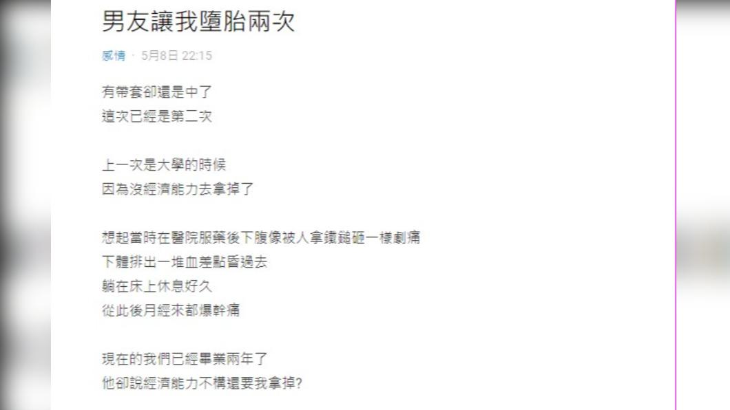 原PO過去也曾意外懷孕,最後選擇墮胎。(圖/翻攝自Dcard)