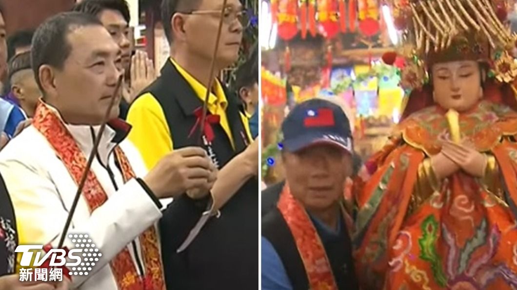 鴻海創辦人郭台銘(右)和新北市長侯友宜赴板橋慈惠宮參拜。(圖/TVBS)