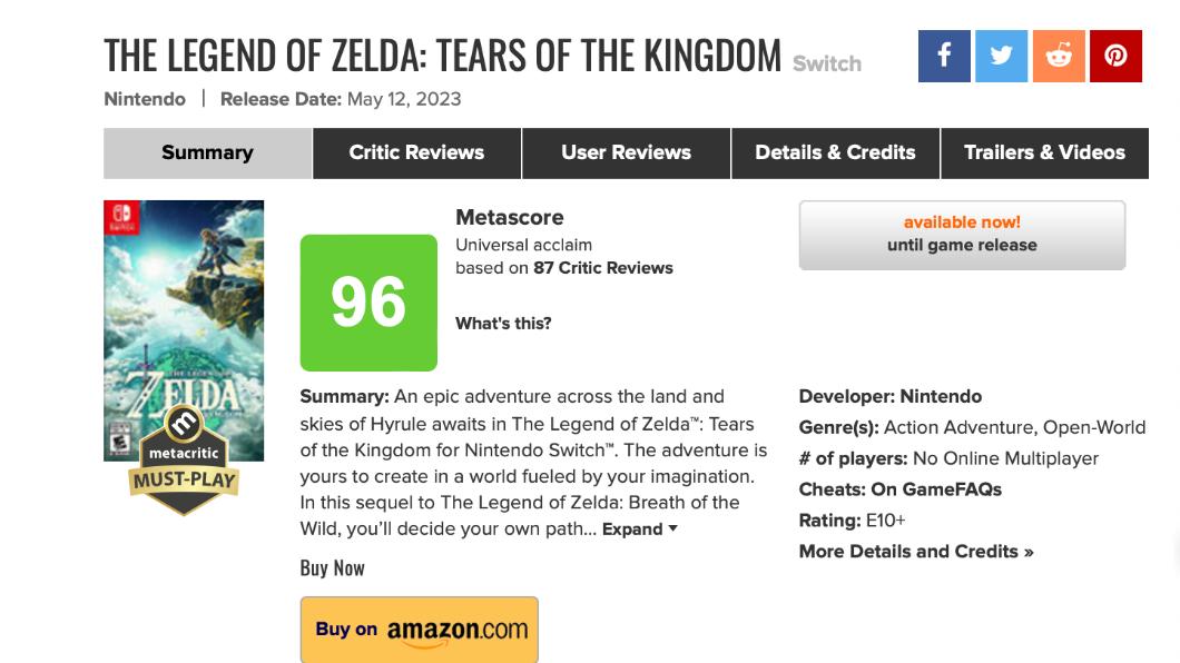 《Metacritic》,給出《薩爾達傳說 王國之淚》96分的高分。(圖/翻攝自《Metacritic》)