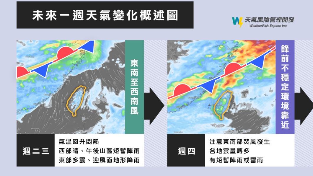 週四東南部可能會有焚風發生。（圖／翻攝自臉書 天氣風險 WeatherRisk）