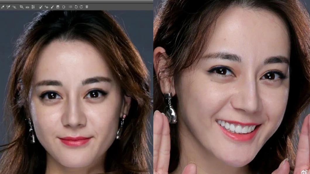 迪麗熱巴的「無P生圖」曝光後,崩壞顏值立刻在網路上引發熱議。(圖/翻攝自微博)