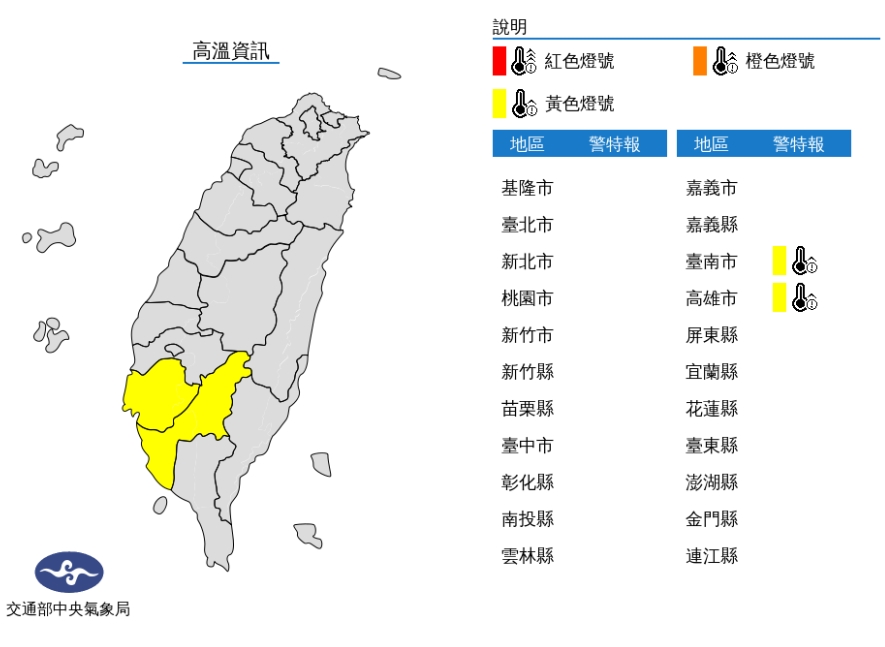 中央氣象局針對台南市、高雄市發布高溫資訊。(圖/中央氣象局)