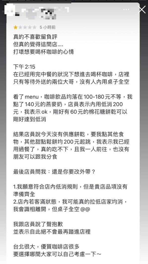 女顧客與咖啡廳點餐時鬧得不愉快,在Google留下一星負評。(圖/翻攝自店家臉書)