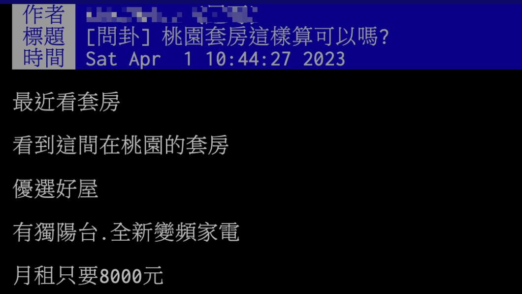原PO在租屋網看到月租僅8000元的套房。(圖/翻攝自PTT)