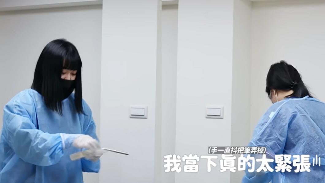 蘿倫因太緊張一度將化妝筆弄掉在地。（圖／翻攝自蘿倫 Lauren YT頻道）