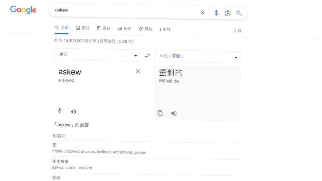 搜尋「askew」後畫面會變斜斜的。（圖／翻攝自Google頁面）