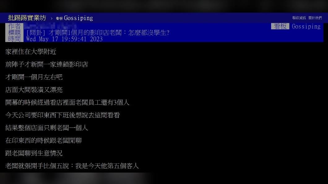 一名網友在PTT上發問關於影印店生意。（圖／翻攝自PTT）