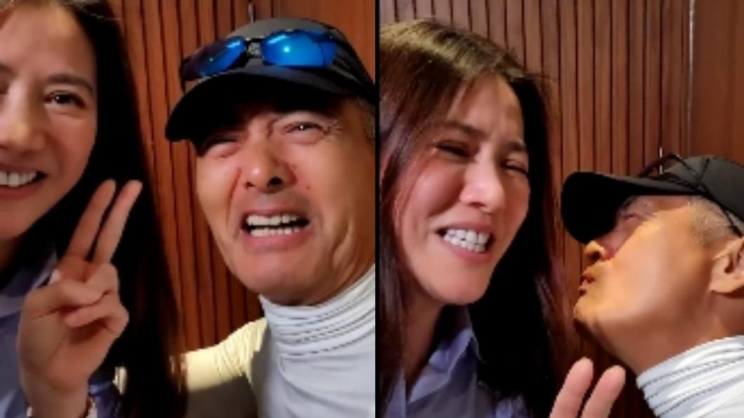 周潤發向袁詠儀索吻。(圖/翻攝自袁詠儀微博)