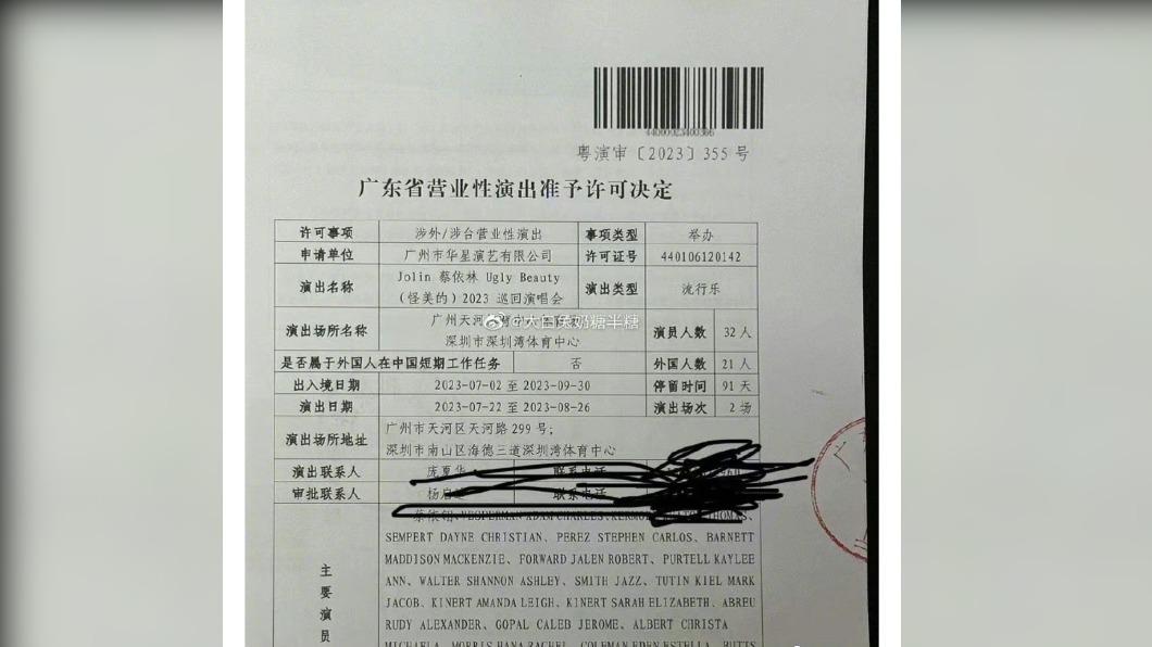 網傳蔡依林前往中國大陸展開演唱會的許可證。（圖／翻攝自微博）