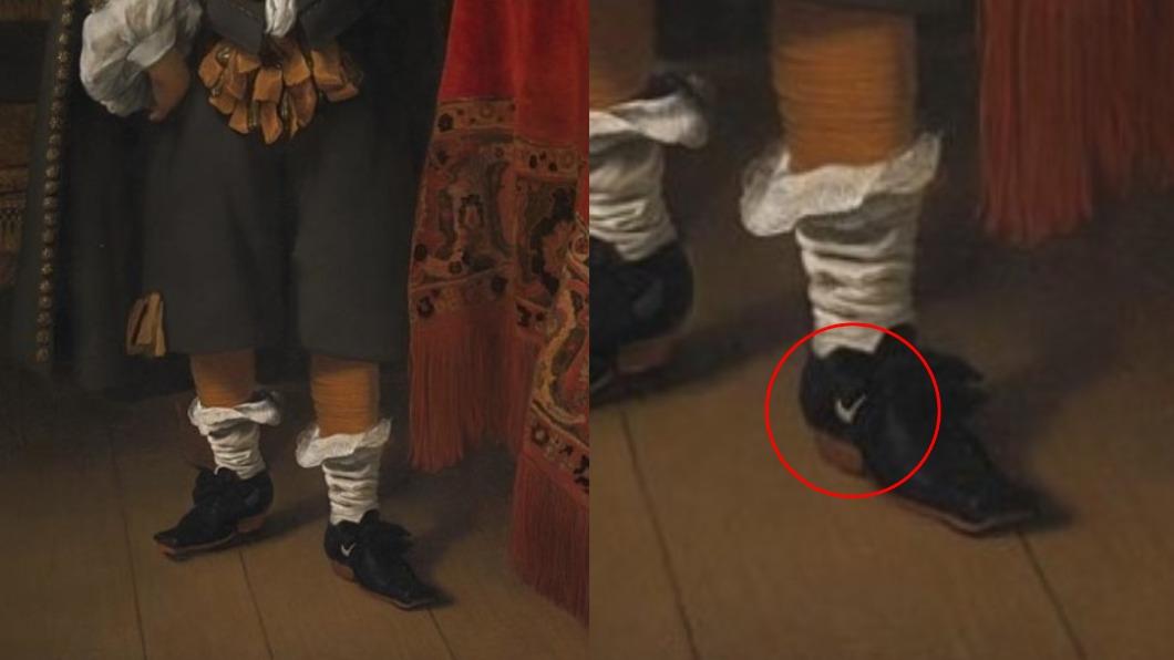 畫中男童鞋子側邊有白色勾勾。(圖/翻攝自@NationalGallery Twitter)