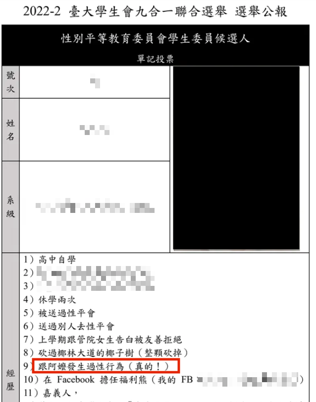 學生在選舉公報上寫下「曾跟阿嬤發生關係」。(圖/翻攝自台大選舉公報)