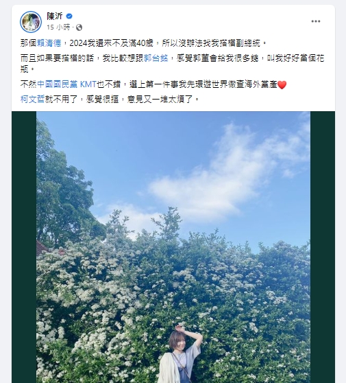 網紅陳沂不願搭檔柯文哲。(圖/翻攝自陳沂臉書)