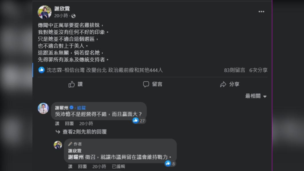 謝欣霓貼文引來主持人謝曜州留言。（圖／翻攝自謝欣霓臉書）