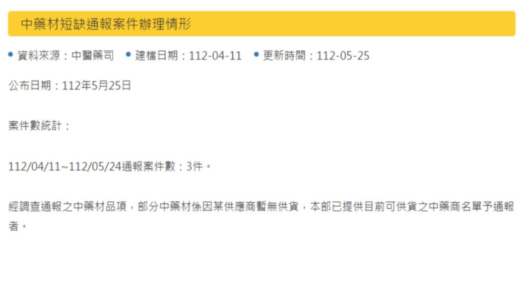 中藥材短缺通報案件辦理情形。(圖/翻攝自衛生福利部中醫藥司網站)