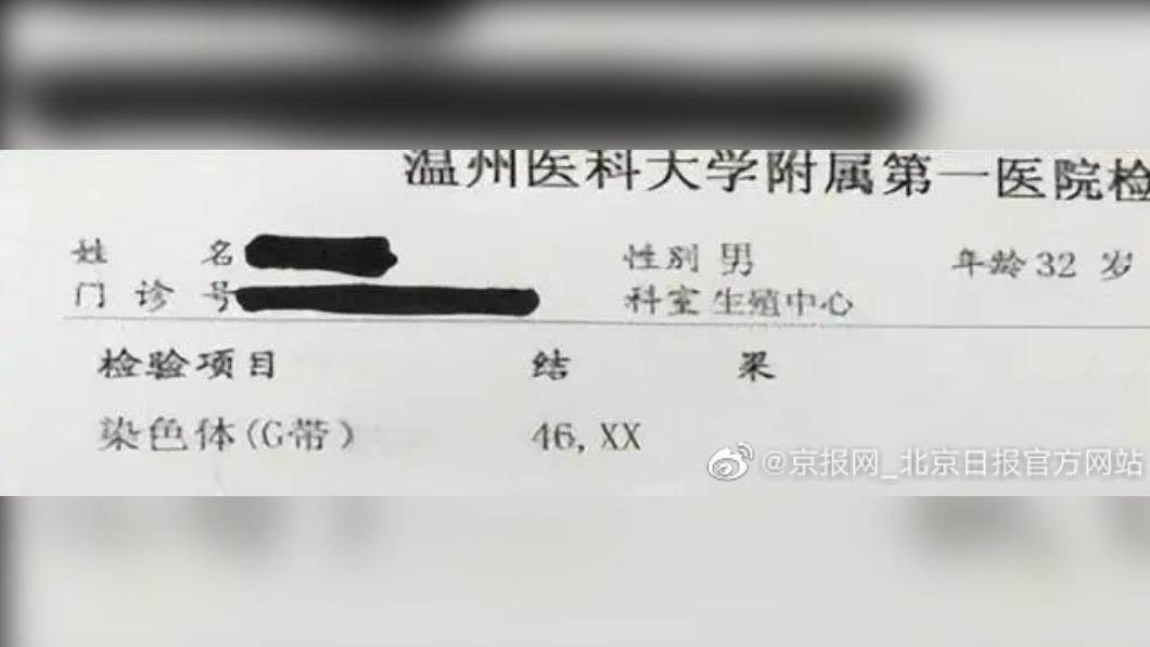 男子精液裡沒有精子,且染色體是女性核型「46XX」。(圖/翻攝自微博)