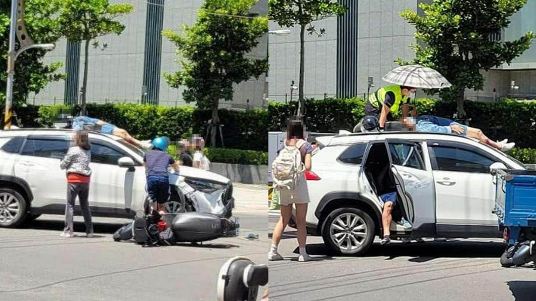 直行機車撞左轉汽車!後座女乘客噴飛翻一圈 重摔躺車頂