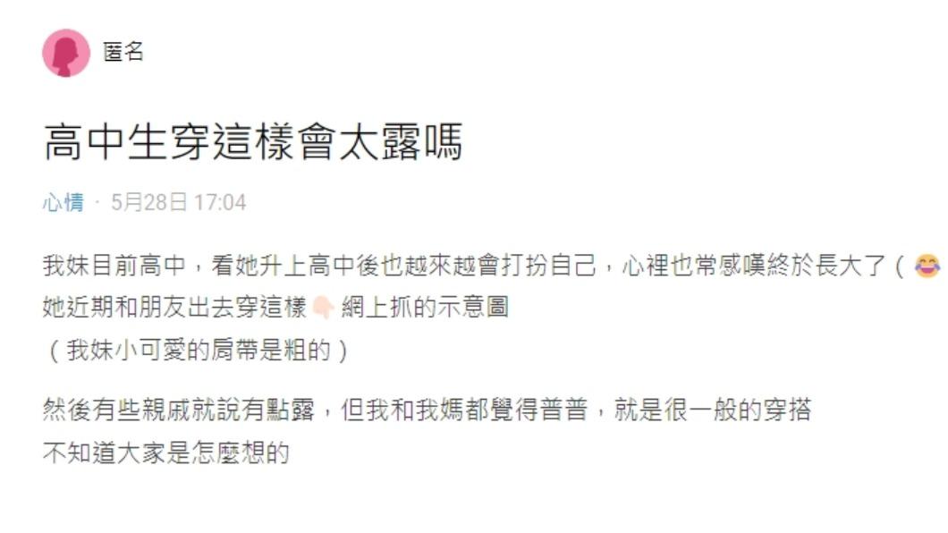 原PO以「高中生穿這樣會太露嗎」為題發文。(圖/翻攝自Dcard)