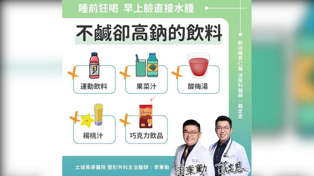 醫師也列出高鈉飲料。(圖/翻攝自《熱血暖男 戴定恩醫師|台北 文山 新店 泌尿科 疝氣 結石 攝護腺專業》臉書)